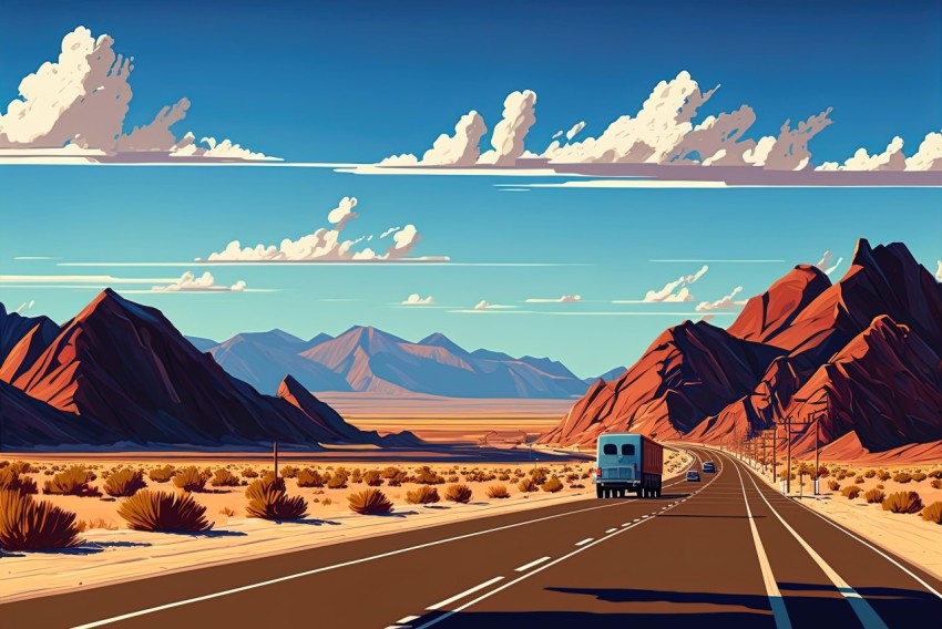 Bus Traveling in Detailed Desert Illustration