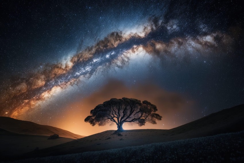 Lone Tree Under the Milky Way: A Dreamy Intersection of Metropolis and Nature