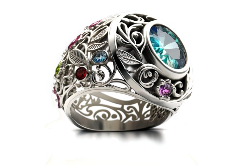 Photorealistic Sterling Silver Ring with Colored Stones