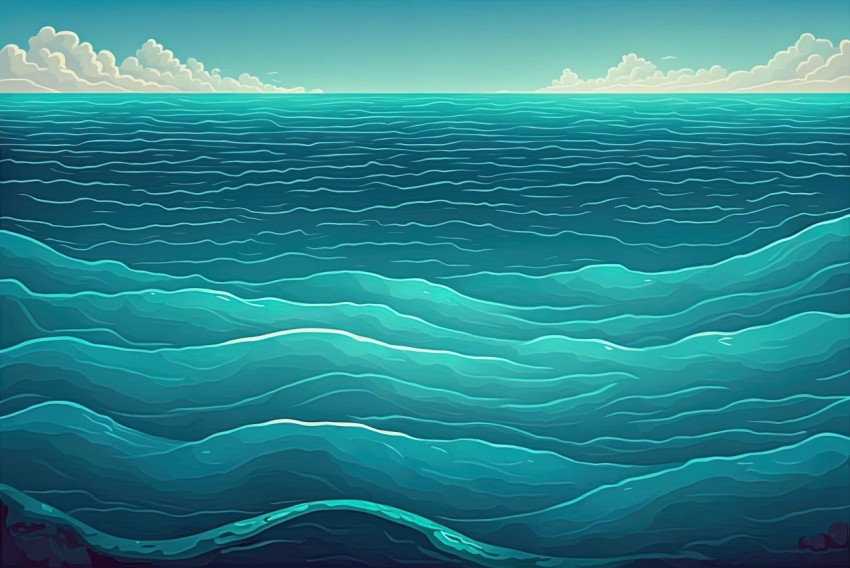 Dark Cyan Ocean Surface Cartoon Illustration - Calm Landscape