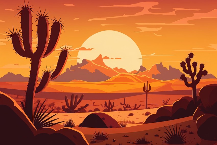 Vibrant Sunset Desert Landscape Illustration