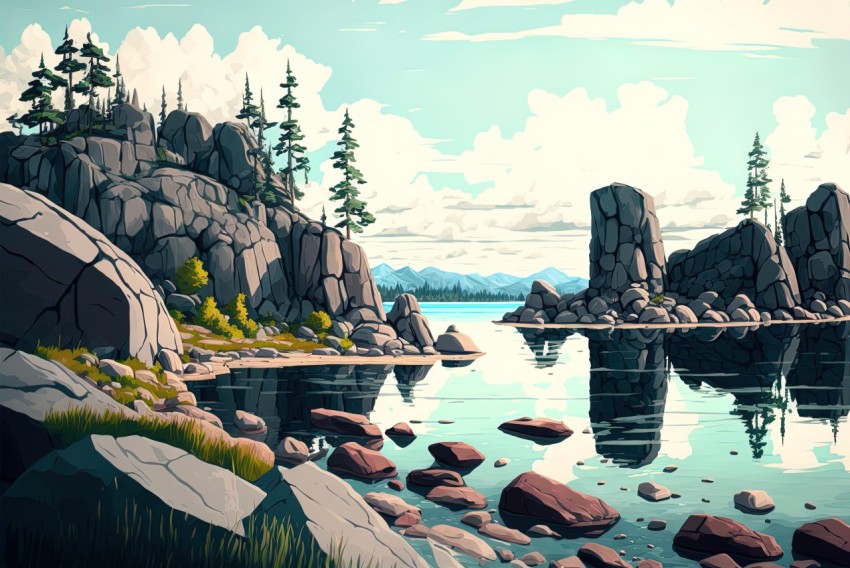 Rocky Landscape by the Lake: A Painterly Style Illustration