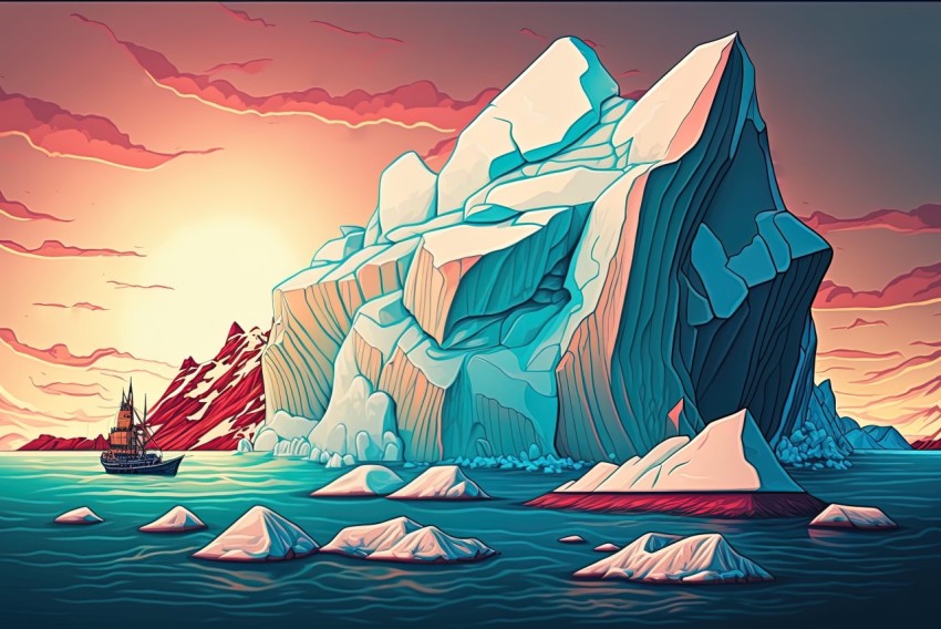 Colorful Iceberg Illustration in Ocean with Boat