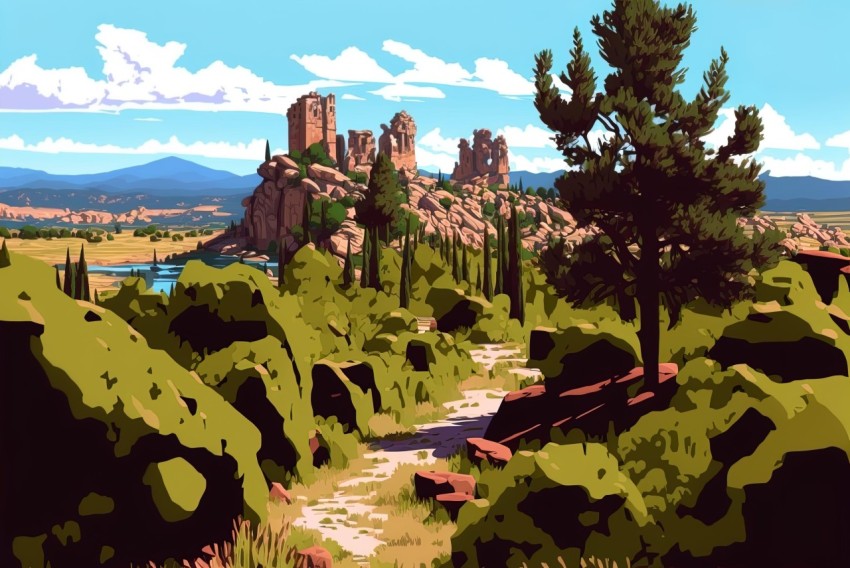 Rocky Landscape Painting | Romanesque Style | Lush Scenery