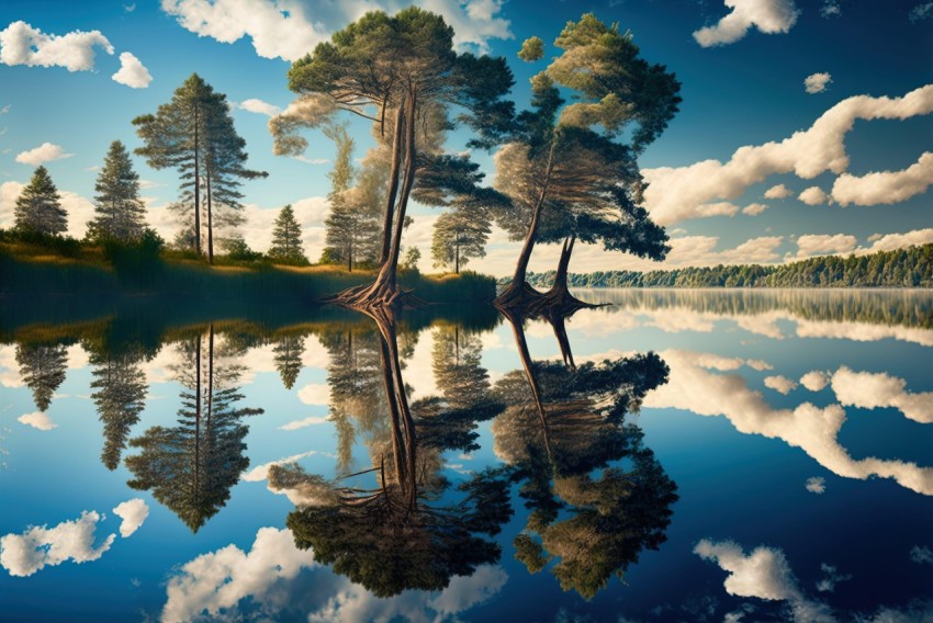 Surrealist Landscape of Trees Reflected in Water