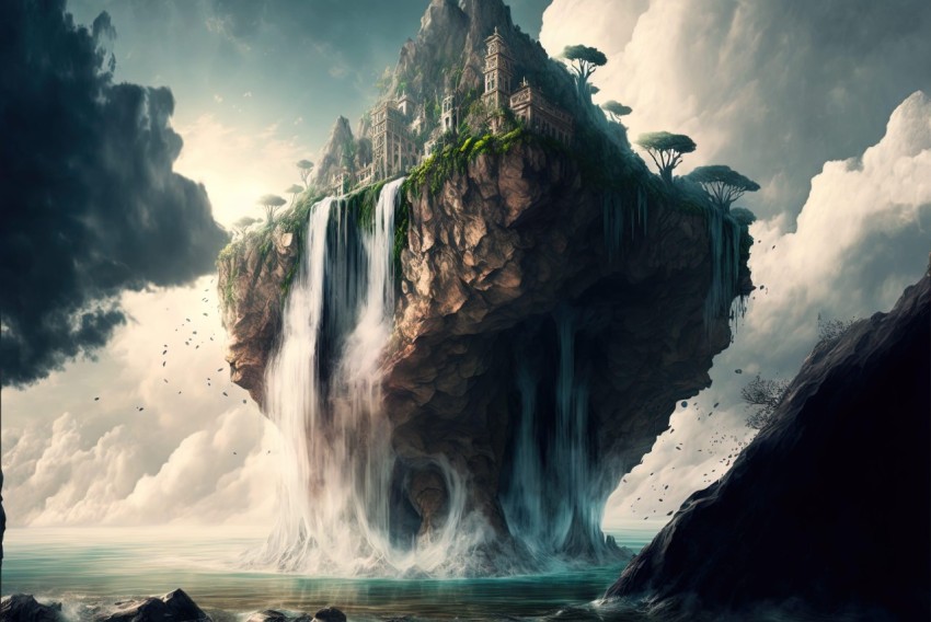 Futuristic Fantasy Waterfall Island - Apocalypse Landscape Art