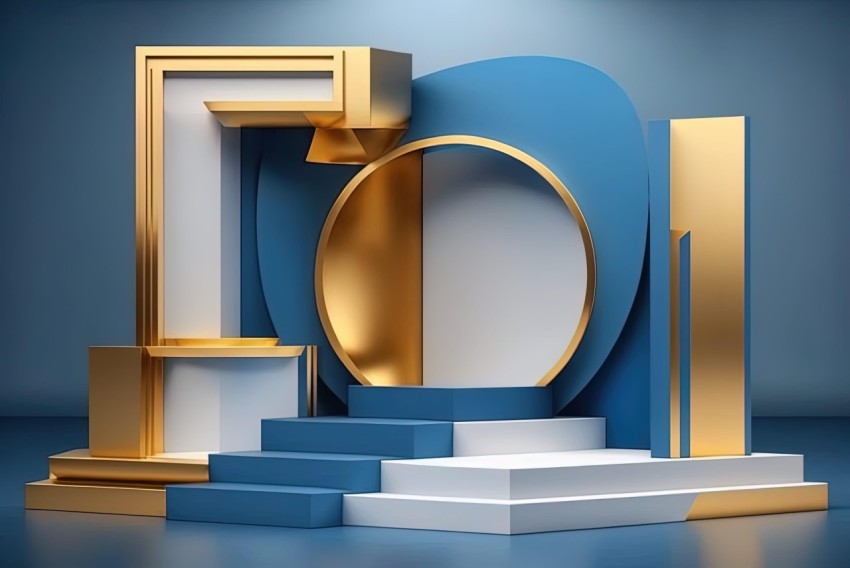 Abstract Geometric Composition with Golden and Blue Statues