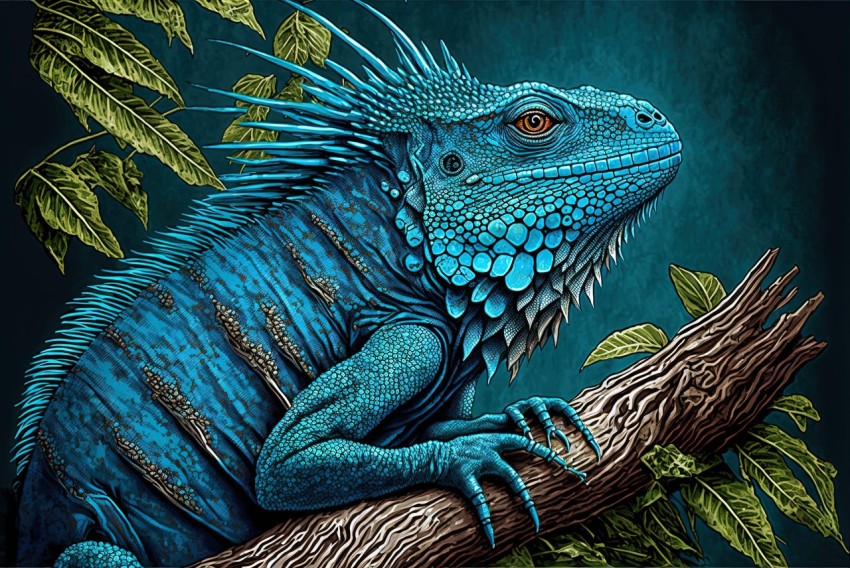 Blue Iguana on Branch Illustration - Detailed Artistry in Cyan and Blue