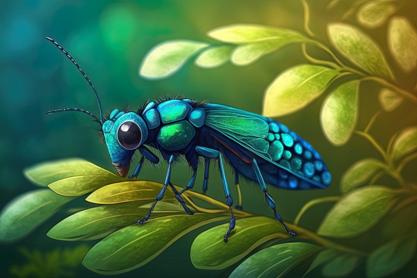 Blue Insect on Green Leaf: A Pointillist Science Fiction Illustration