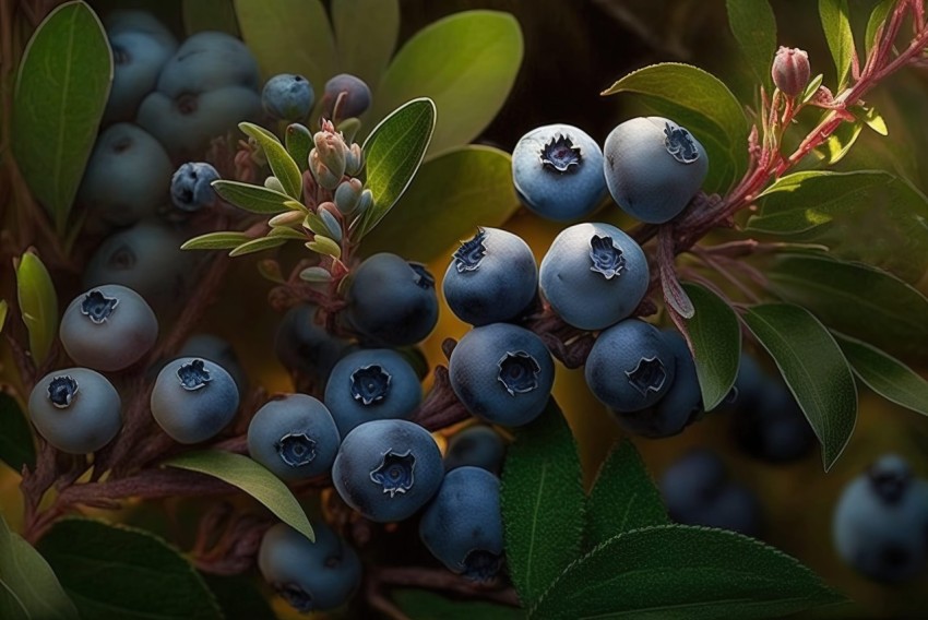 Close-Up of Blueberries on a Bush - Photorealistic Wildlife Art