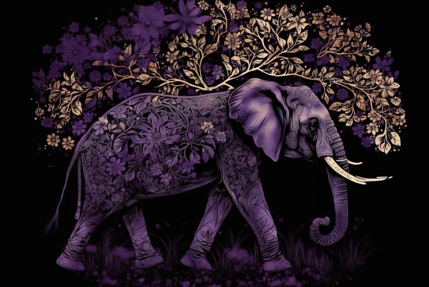 Gold and Purple Elephant Illustration with Floral Elements