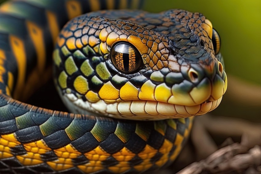 Detailed Close-up of Black and Yellow Snake with Green Eyes