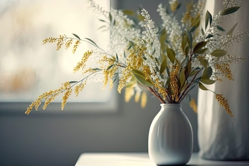 White Flower Vase by the Window - A Serene Realistic Rendering