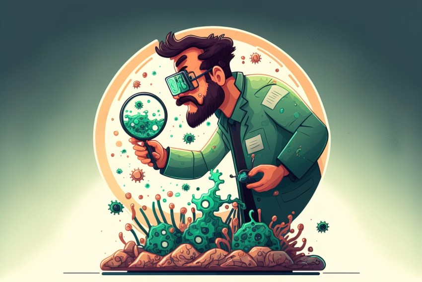 Scientist Discovers Virus Through Magnifying Glass - Illustrated Scene