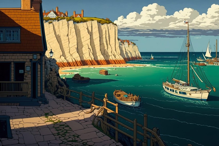 Art Nouveau-Inspired Artwork of an Isolated Village on the Coast