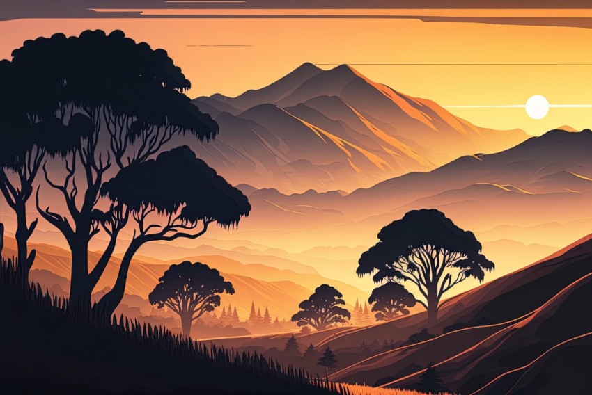 Art Nouveau Inspired Australian Mountain Landscape at Sunset