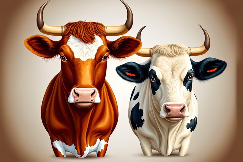 Detailed Illustration of Two Cows with Expressive Faces