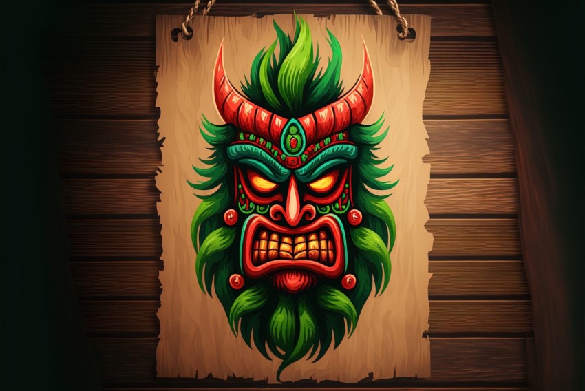 Fantasy Style Green and Crimson Wooden Mask Illustration