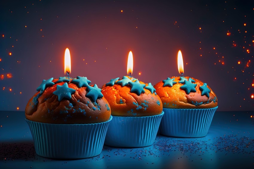 Festive Cupcakes with Candles: A Photorealistic Still Life