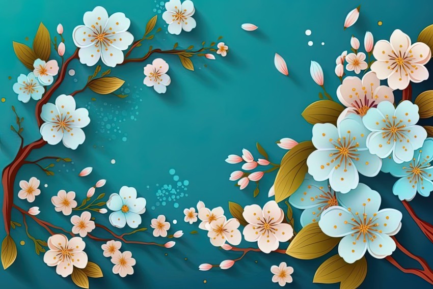 Sakura Blossom Paper Sculpture - Decorative Backgrounds in Dark Turquoise