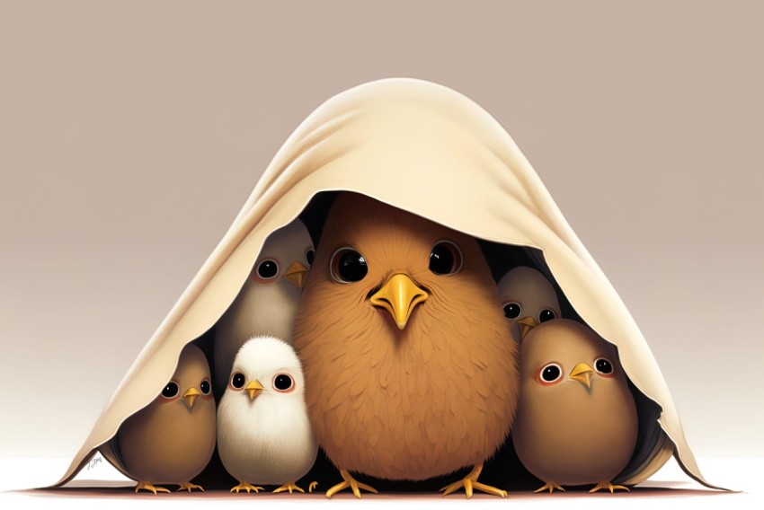 Chickens Under Blanket: A Warm Bedroom Scene in Cartoon Style