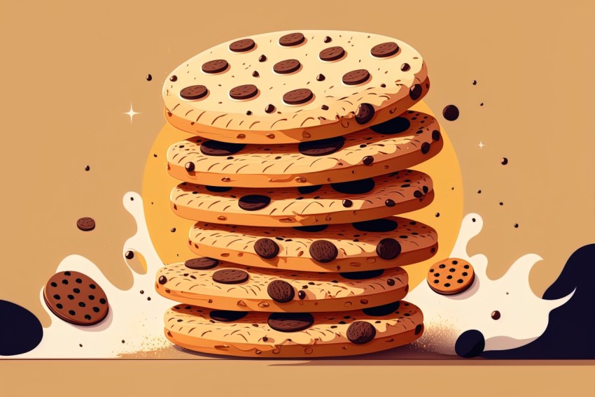 Stack of Chocolate Chip Cookies with Milk Splash Illustration