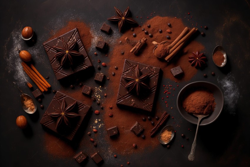 Exotic Chocolate and Spices on Dark Background - Artistic Composition