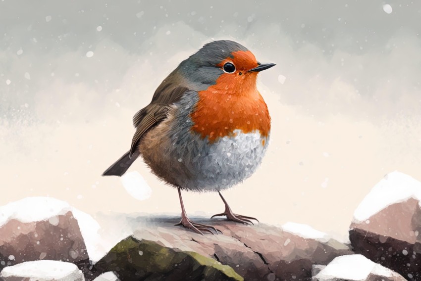 Detailed Digital Painting of a Robin in Snowy Landscape