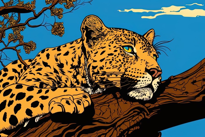 Leopard on Tree Branch: Detailed Comic Art and Himalayan Art Influence