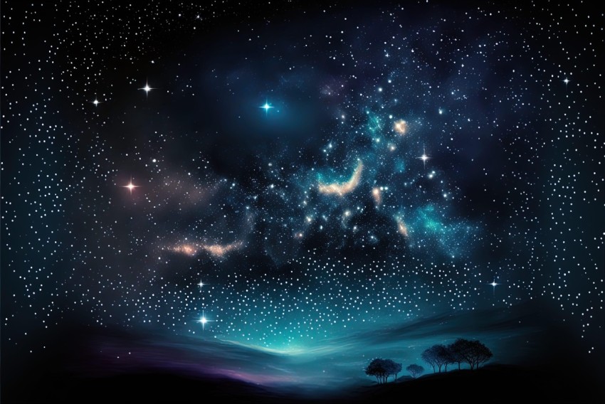 Ethereal Night Sky: A Fantasy Landscape with Stars and Trees