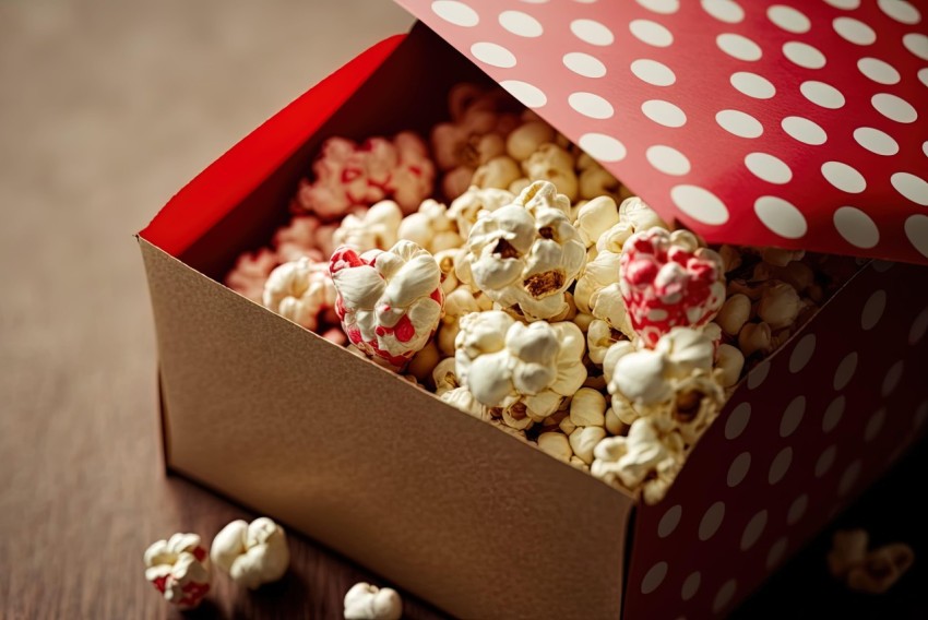Rustic Red and White Popcorn Box on Wooden Table