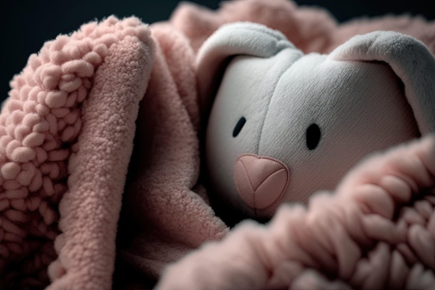 Stuffed Bunny in Pink Blanket - Chiaroscuro and Soft Sculpture