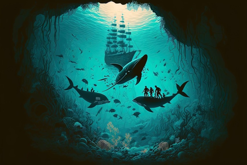 Underwater Adventure: Pirate Ship Among Sea Creatures