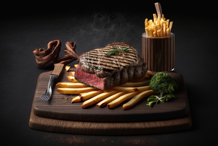 Steak with Fries and Vegetables on Board - A Still Life Food Portrait