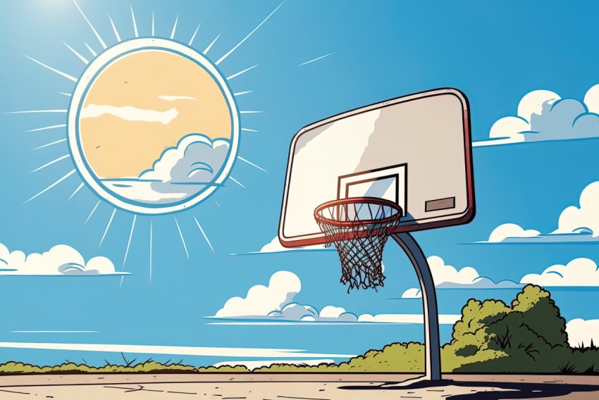 Basketball Hoop in City Skyline - Detailed Cartoon Illustration