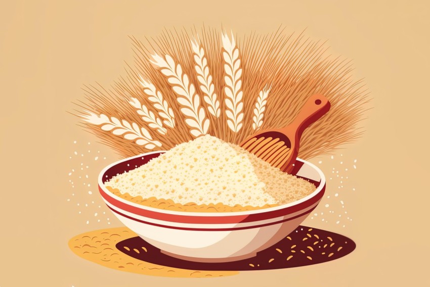 Meticulously Detailed Still Life Illustration of Grain in a Bowl with Wheat