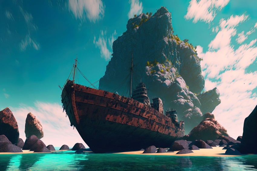 Surreal Cyberpunk Old Ship Floating in Ocean - Dramatic Landscapes