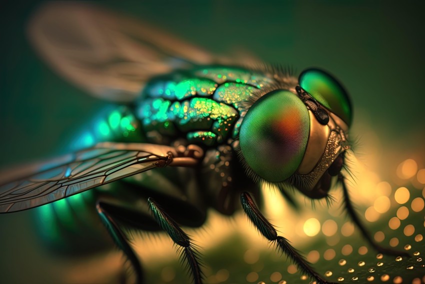Realistic Fly on Shiny Green Background - UHD Image