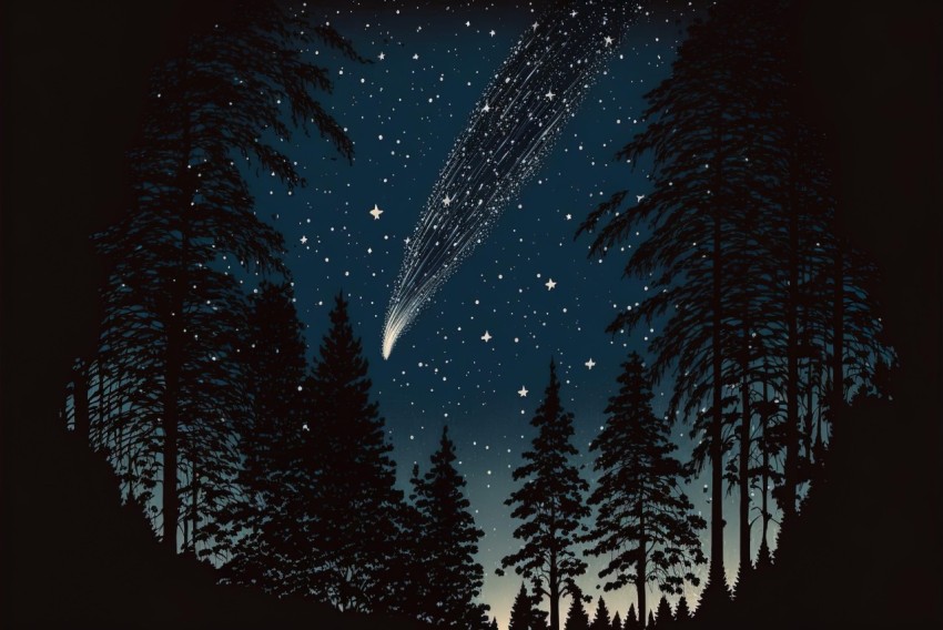 Stunning Forest with Comets: Highly Detailed Illustration