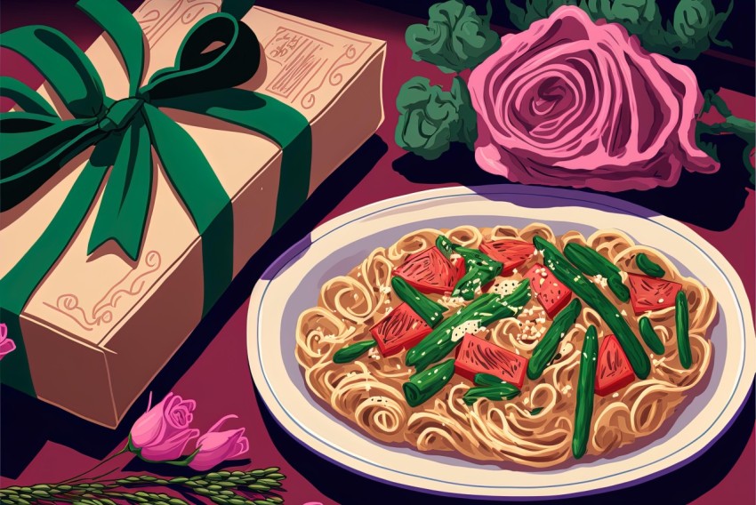 Spaghetti Plate with Flowers - Graphic Novel Inspired Illustration