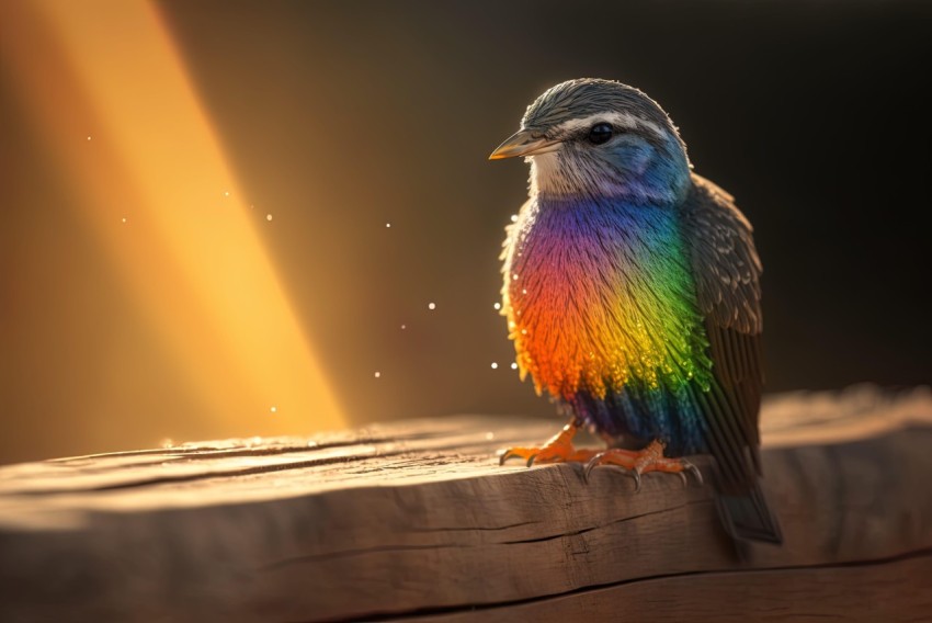Vibrant Rainbow Bird on Wooden Surface - Surreal Animal Art
