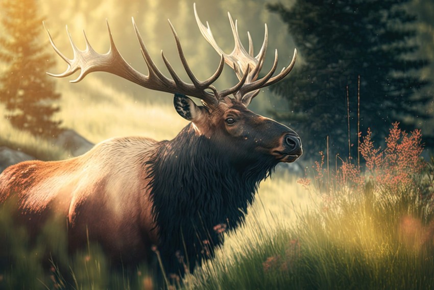 Majestic Elk in Sunlit Grass - Concept Art with Ray Tracing