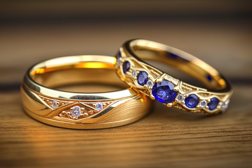 Elegant Gold Wedding Bands with Blue Sapphires | Traditional Japanese Art