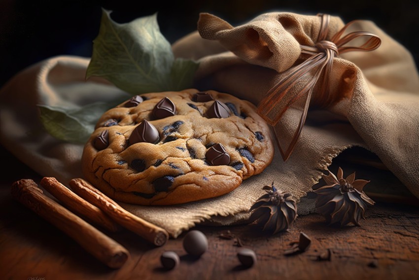 Delicious Chocolate Chip Cookie with Cinnamon Sticks | Matte Painting Style