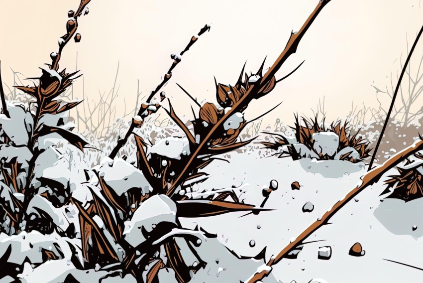 Illustration of Snowy Path with Plants in Comic Book Style