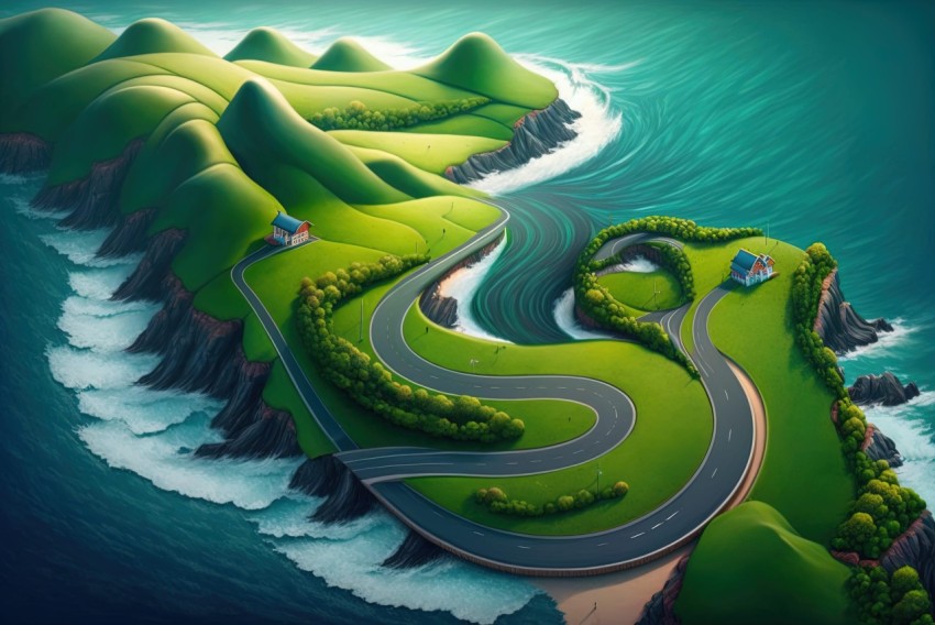 Road to the Ocean on an Island - Playful Streamlined Forms and Bold Graphic Illustrations