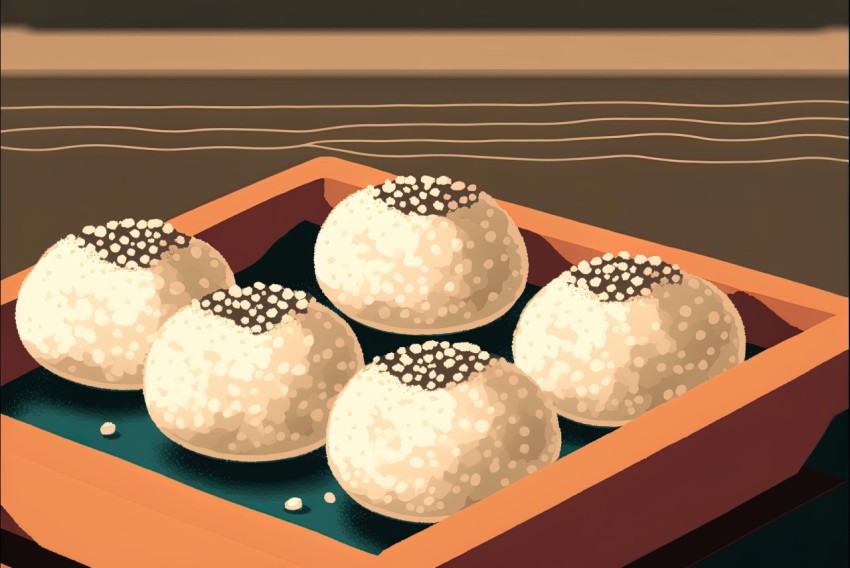 Artistic Illustration of Five Sesame Balls in a Box - Editorial Style
