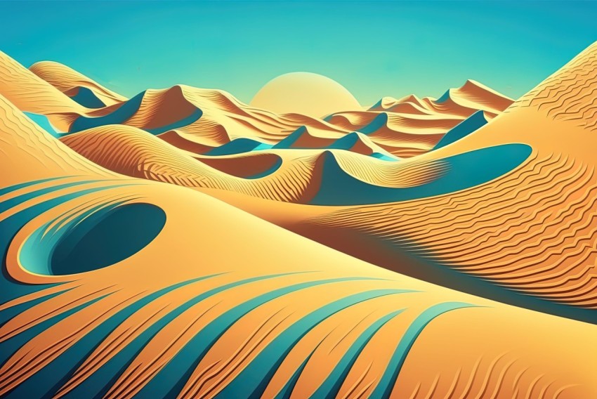 Colorful Moebius-style 3D Desert Scene with Hyper-Detailed Illustrations