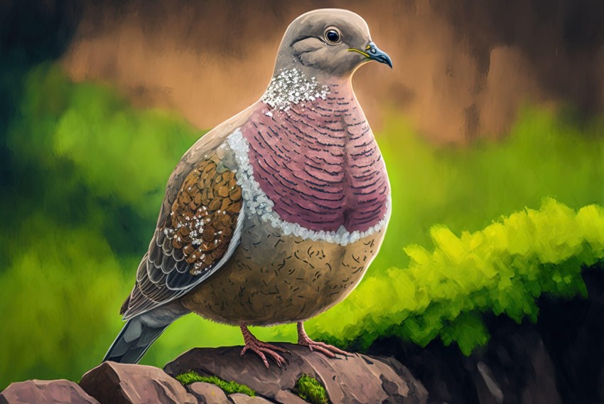 Digital Art Painting of Pigeon with Flowers and Grass