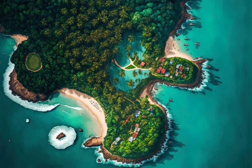 Aerial Painting of Beach Island and Bay - Highly Detailed Illustrations